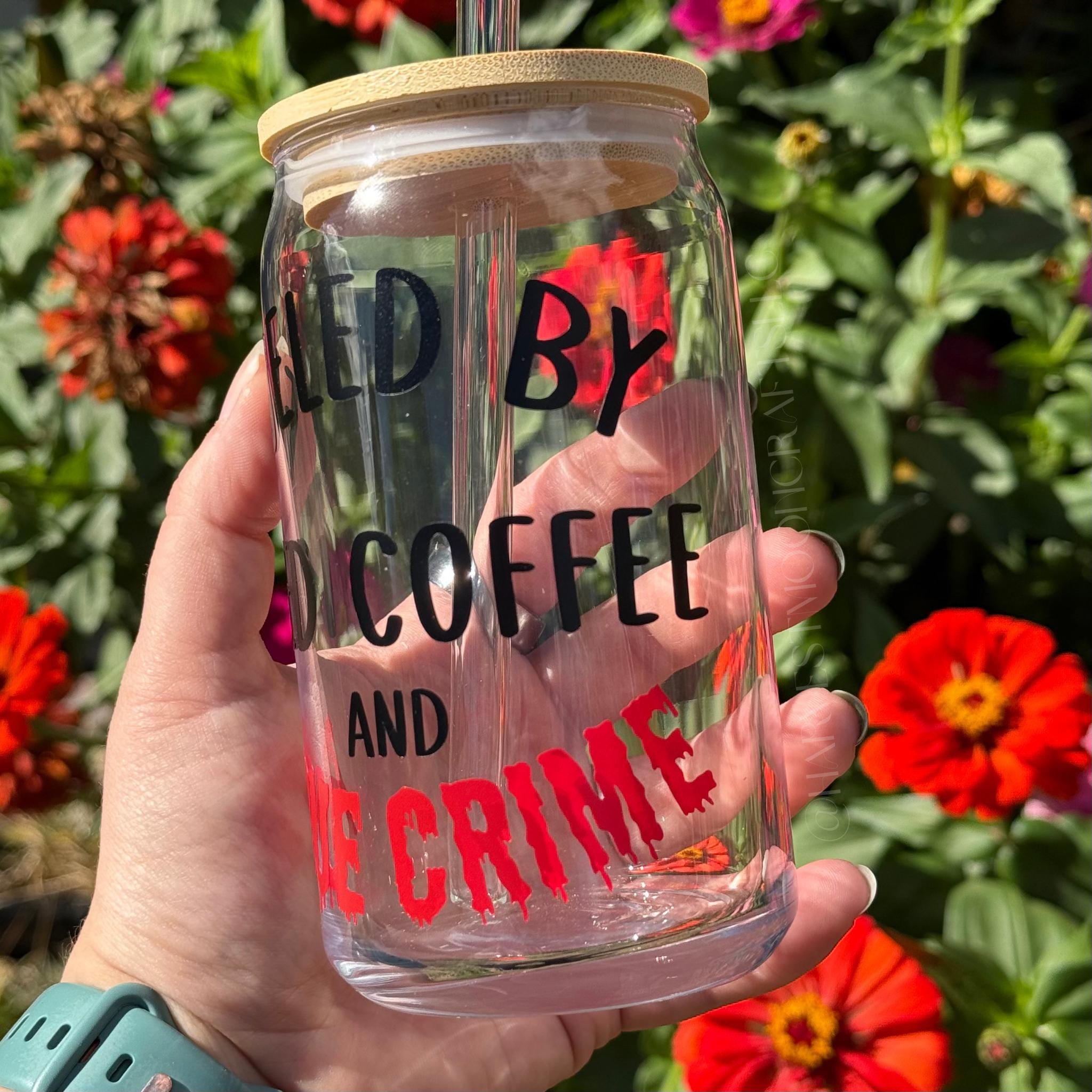 True Crime Iced Coffee Glass, Handmade 16oz Tumbler with Bamboo Lid
