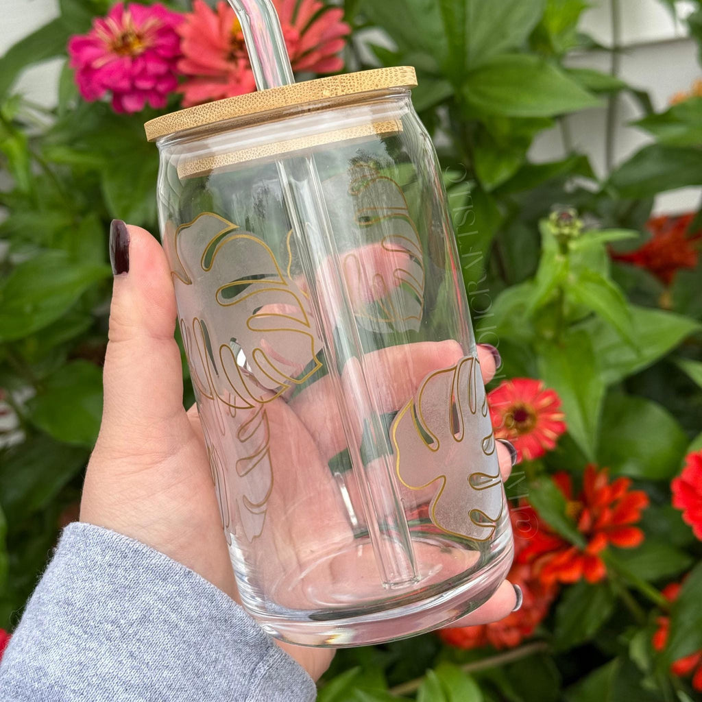 Monstera Plant Lover Etched Glass Can with Bamboo Lid & Straw