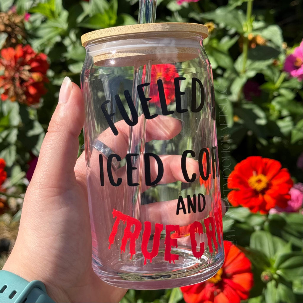 True Crime Iced Coffee Glass, Handmade 16oz Tumbler with Bamboo Lid