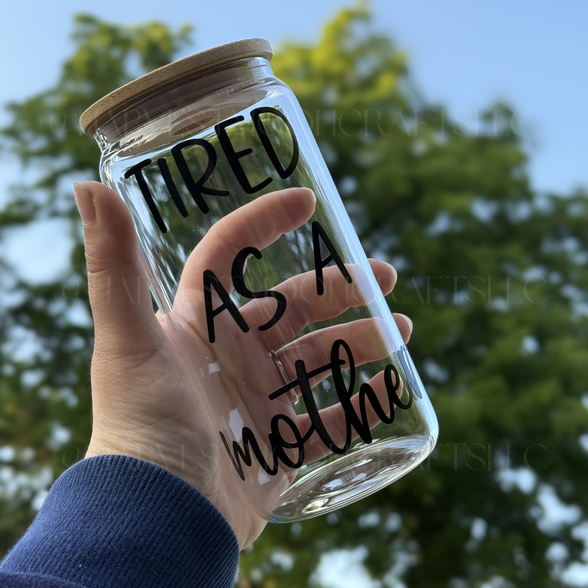 Tired As A Mother Glass Cup with Bamboo Lid and Straw