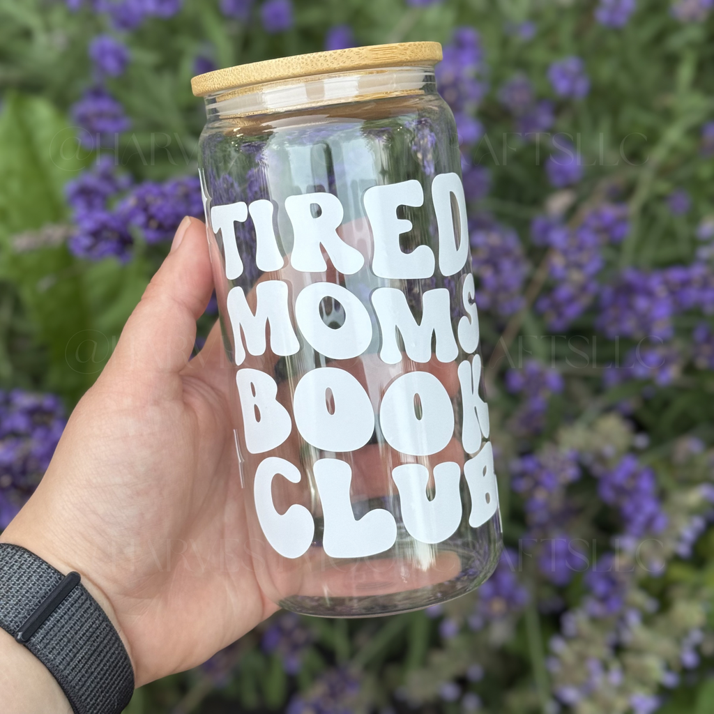 Tired Moms Book Club Glass Coffee Cup with Bamboo Lid & Straws