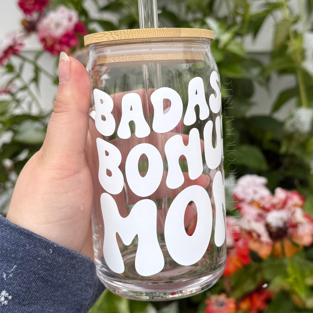 Badass Bonus Mom Glass Coffee Cup with Bamboo Lid & Straw
