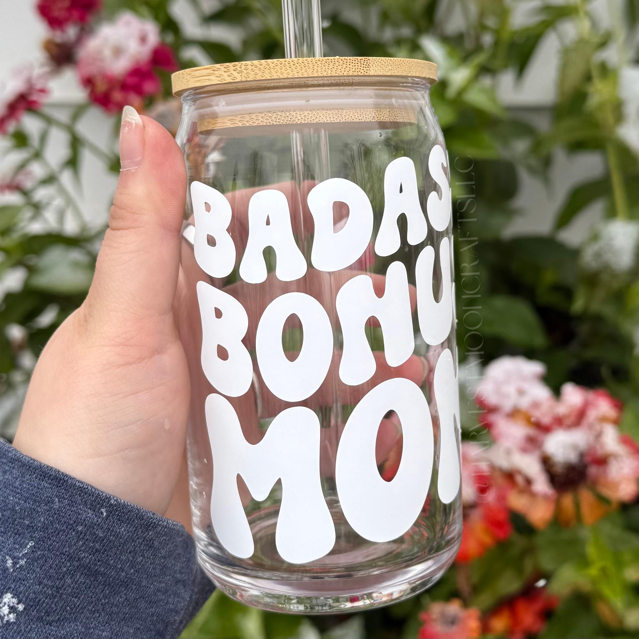 Badass Bonus Mom Glass Coffee Cup with Bamboo Lid & Straw