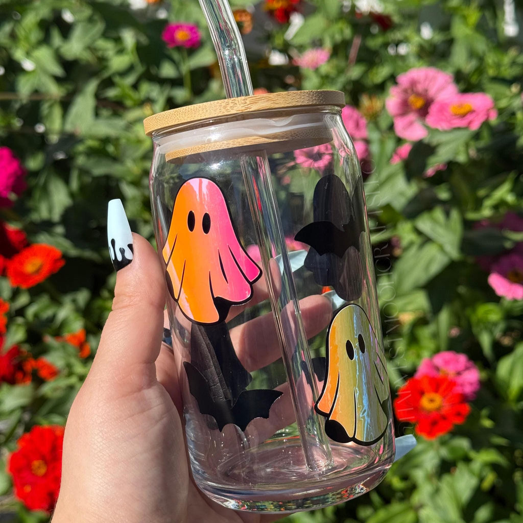 Holographic Ghost & Bats Coffee Cup 16 oz Halloween Glass