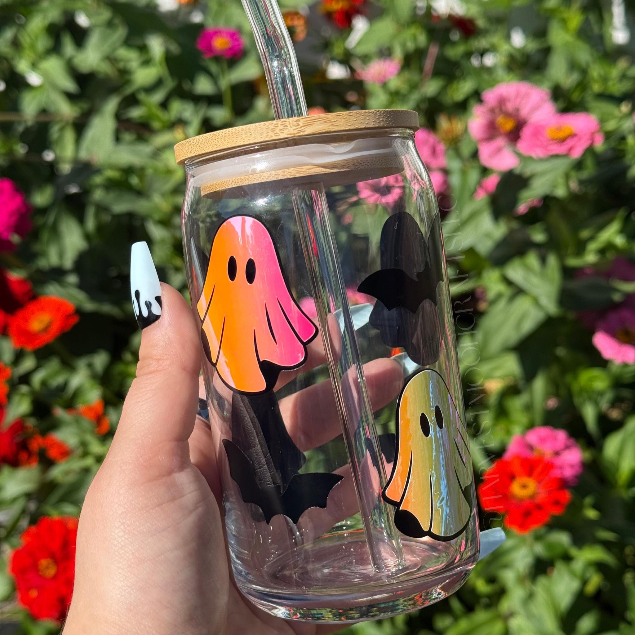 Holographic Ghost & Bats Coffee Cup 16 oz Halloween Glass