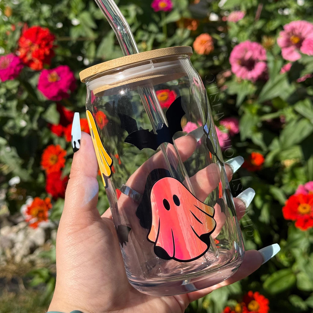 Holographic Ghost & Bats Coffee Cup 16 oz Halloween Glass