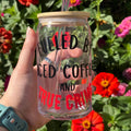 True Crime Iced Coffee Glass, Handmade 16oz Tumbler with Bamboo Lid