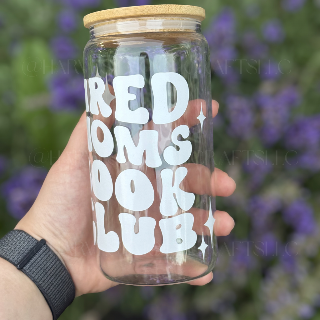 Tired Moms Book Club Glass Coffee Cup with Bamboo Lid & Straws
