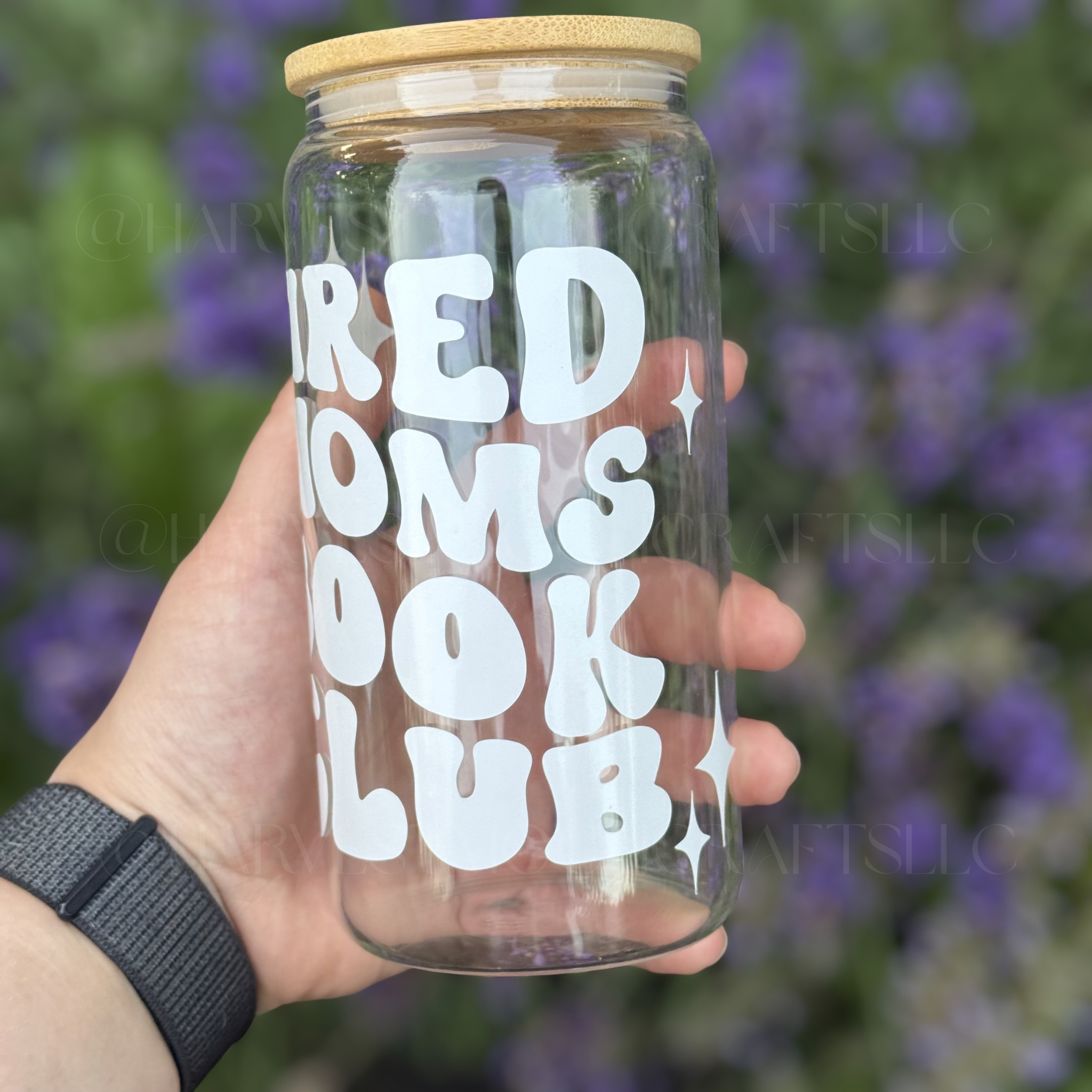 Tired Moms Book Club Glass Coffee Cup with Bamboo Lid & Straws