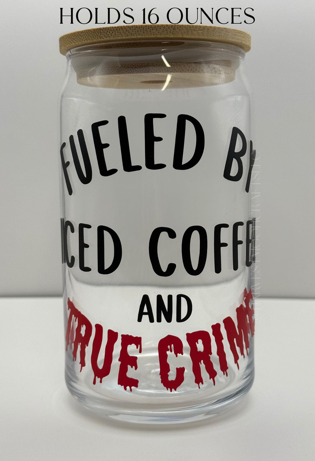 True Crime Iced Coffee Glass, Handmade 16oz Tumbler with Bamboo Lid