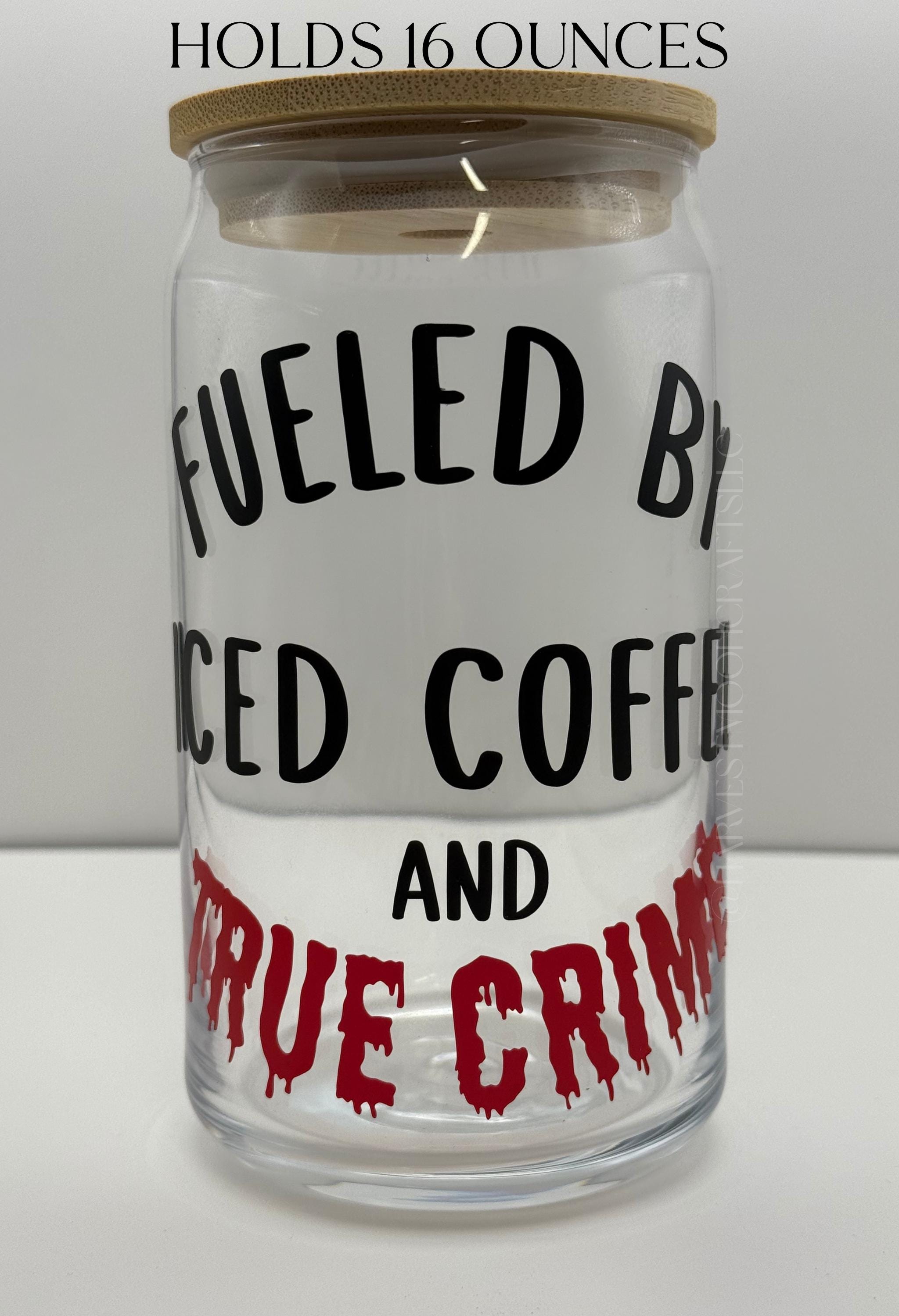 True Crime Iced Coffee Glass, Handmade 16oz Tumbler with Bamboo Lid