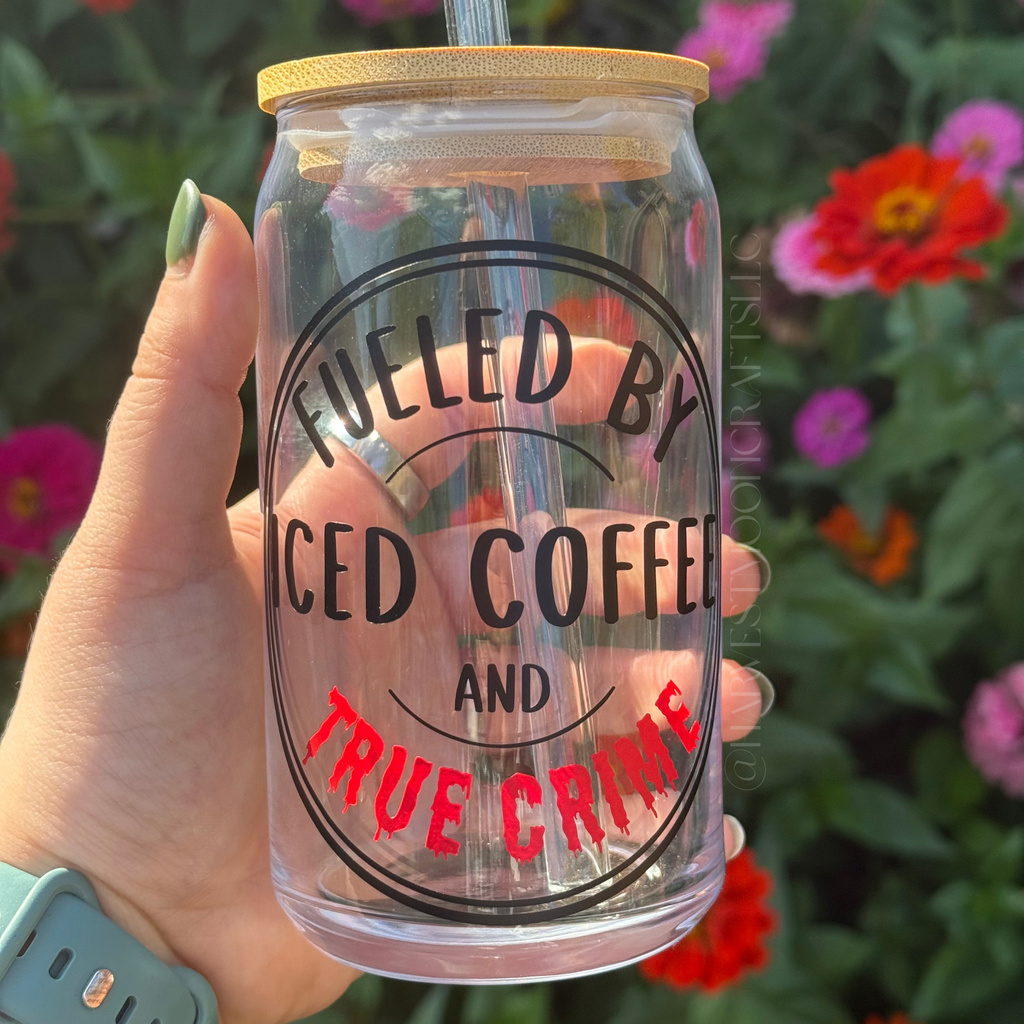 True Crime Iced Coffee Glass, Handmade 16oz Tumbler with Bamboo Lid
