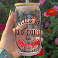 True Crime Iced Coffee Glass, Handmade 16oz Tumbler with Bamboo Lid