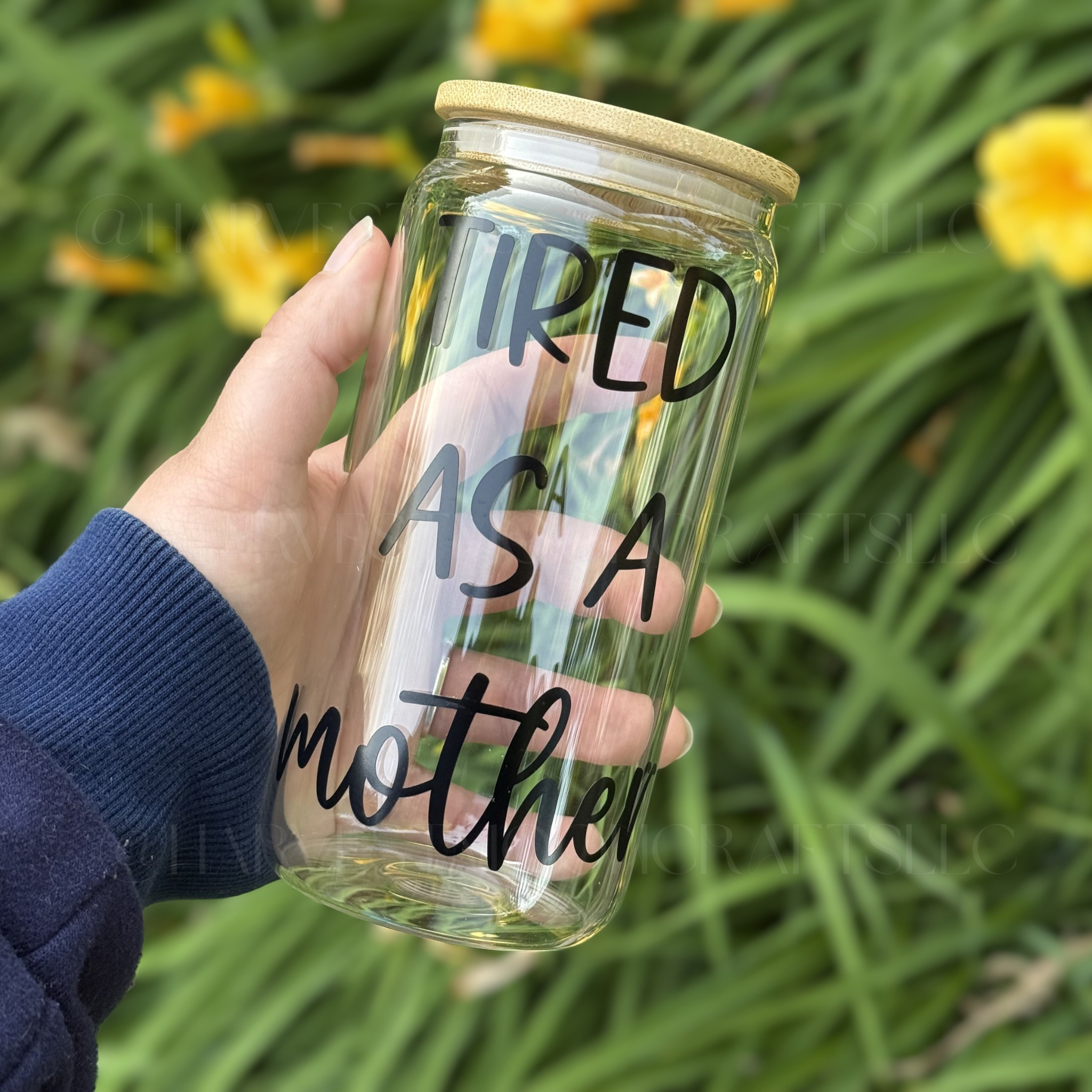 Tired As A Mother Glass Cup with Bamboo Lid and Straw