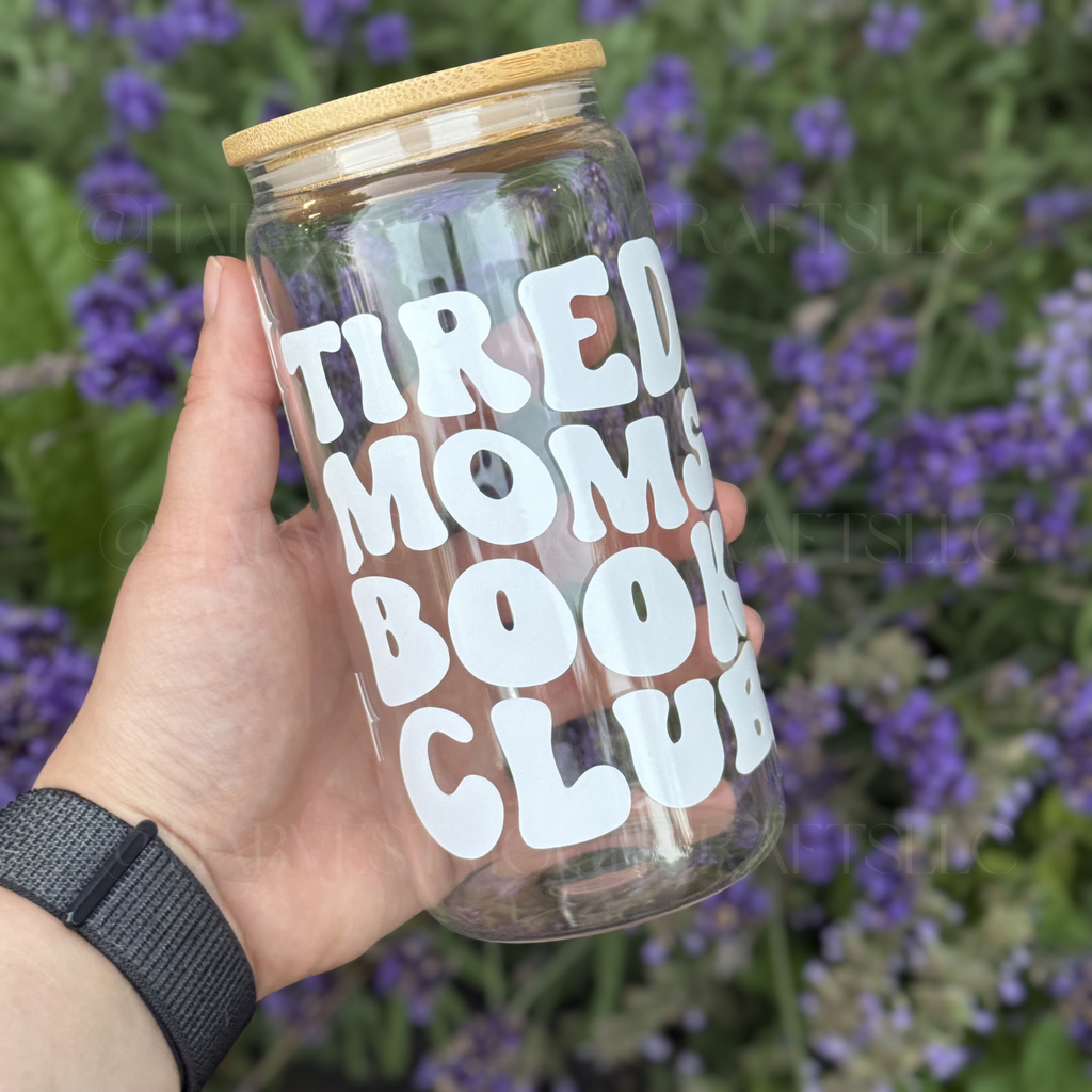 Tired Moms Book Club Glass Coffee Cup with Bamboo Lid & Straws