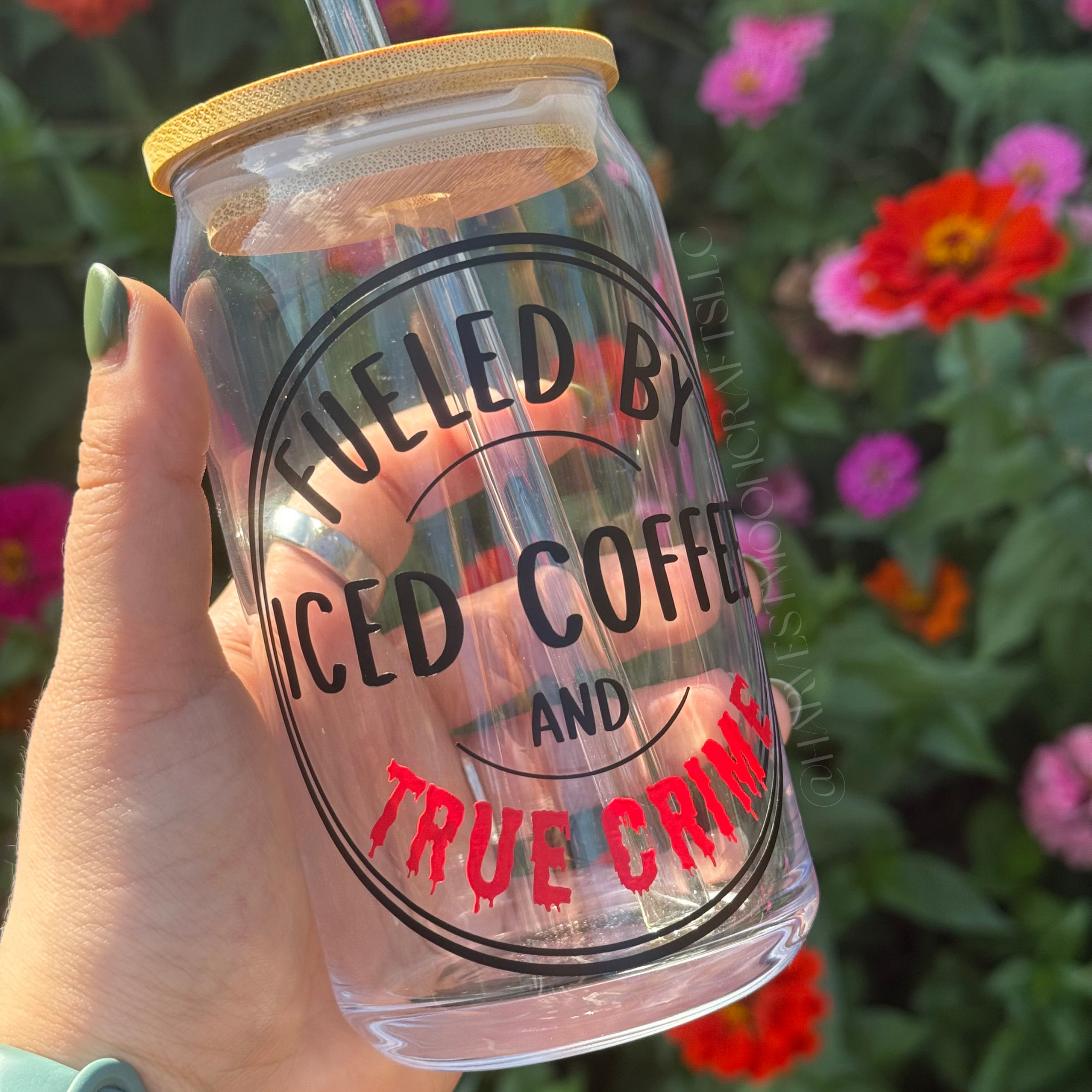 True Crime Iced Coffee Glass, Handmade 16oz Tumbler with Bamboo Lid