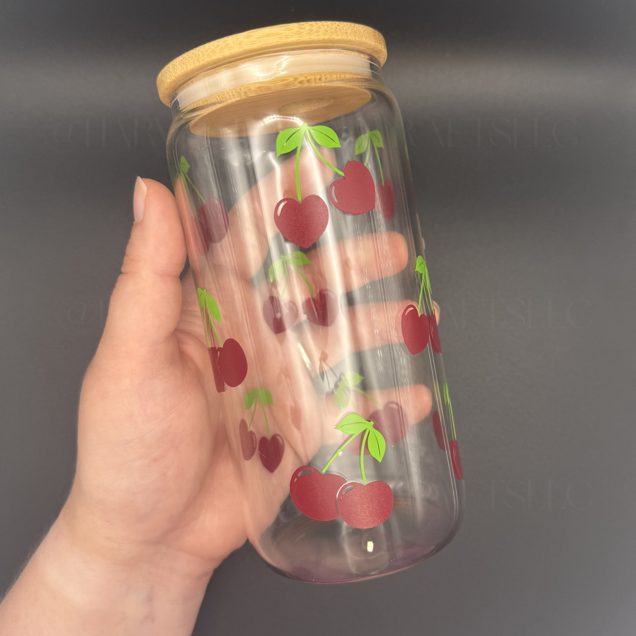 Heart Cherry Glass Can Iced Coffee Cup with Bamboo Lid 16oz