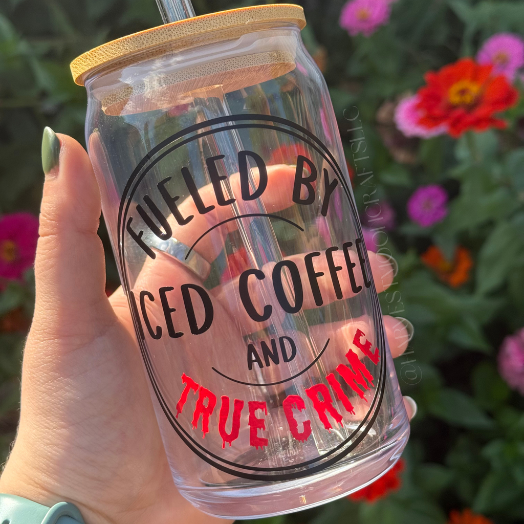 True Crime Iced Coffee Glass, Handmade 16oz Tumbler with Bamboo Lid