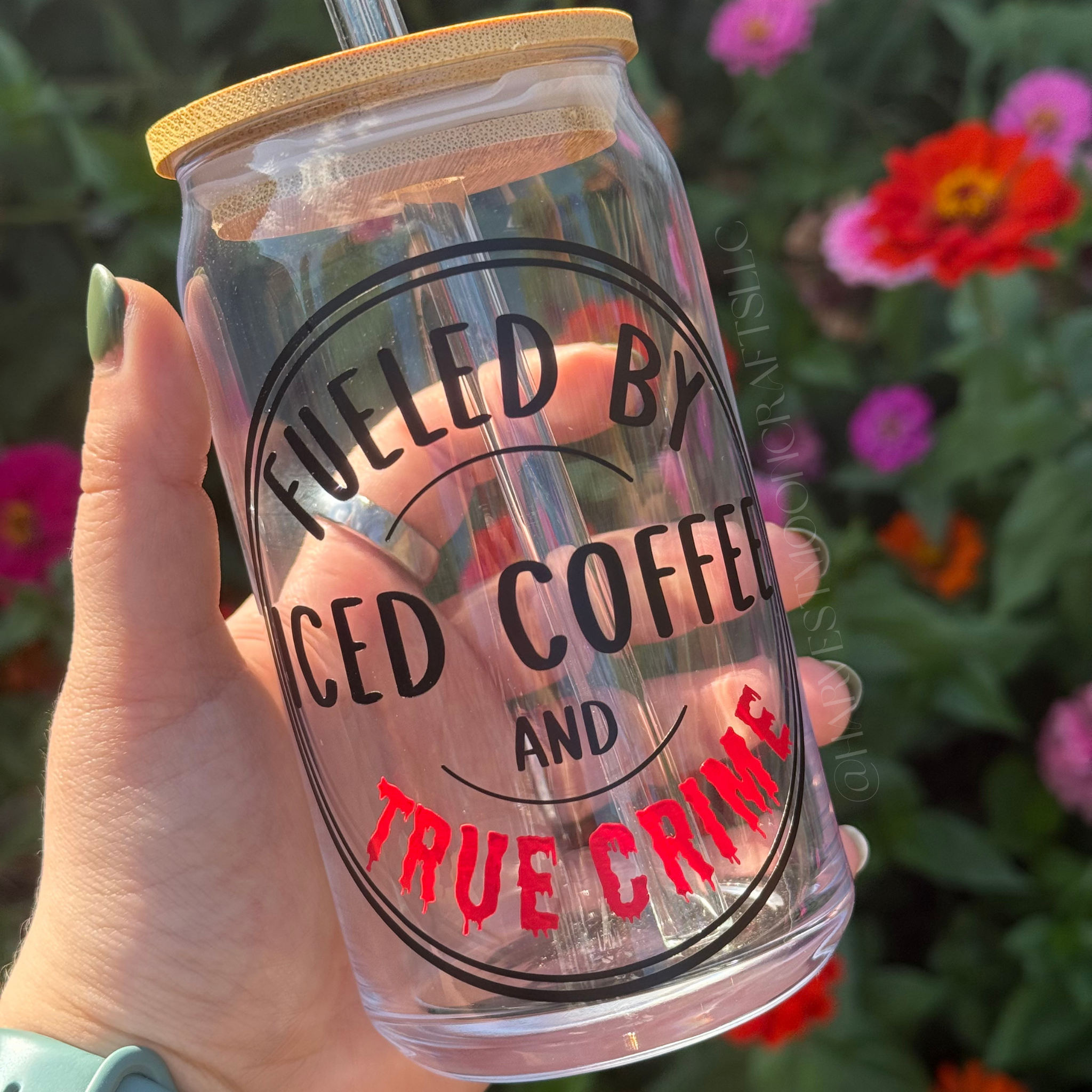True Crime Iced Coffee Glass, Handmade 16oz Tumbler with Bamboo Lid