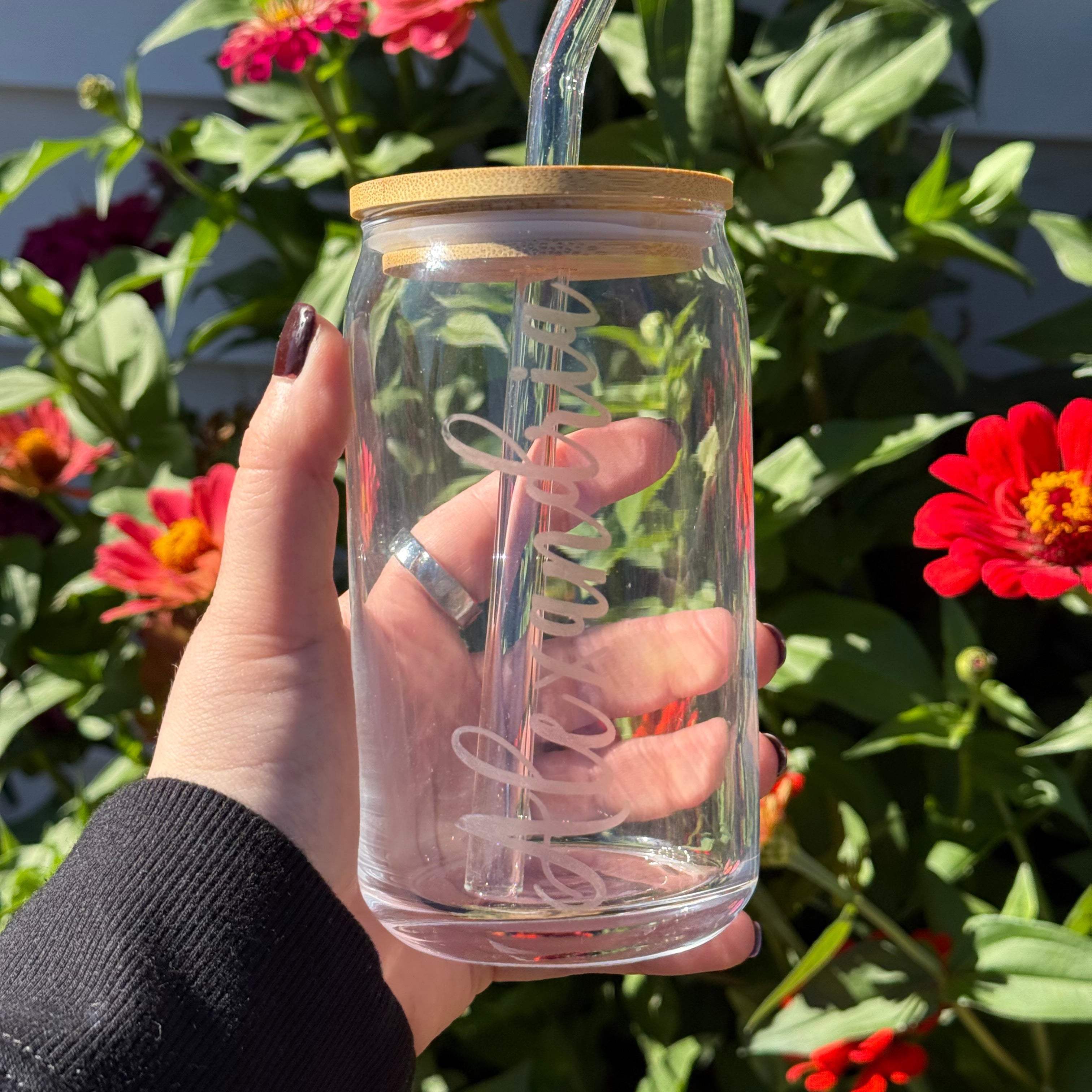 Custom Etched Name Iced Coffee Glass Can with Bamboo Lid & Straw