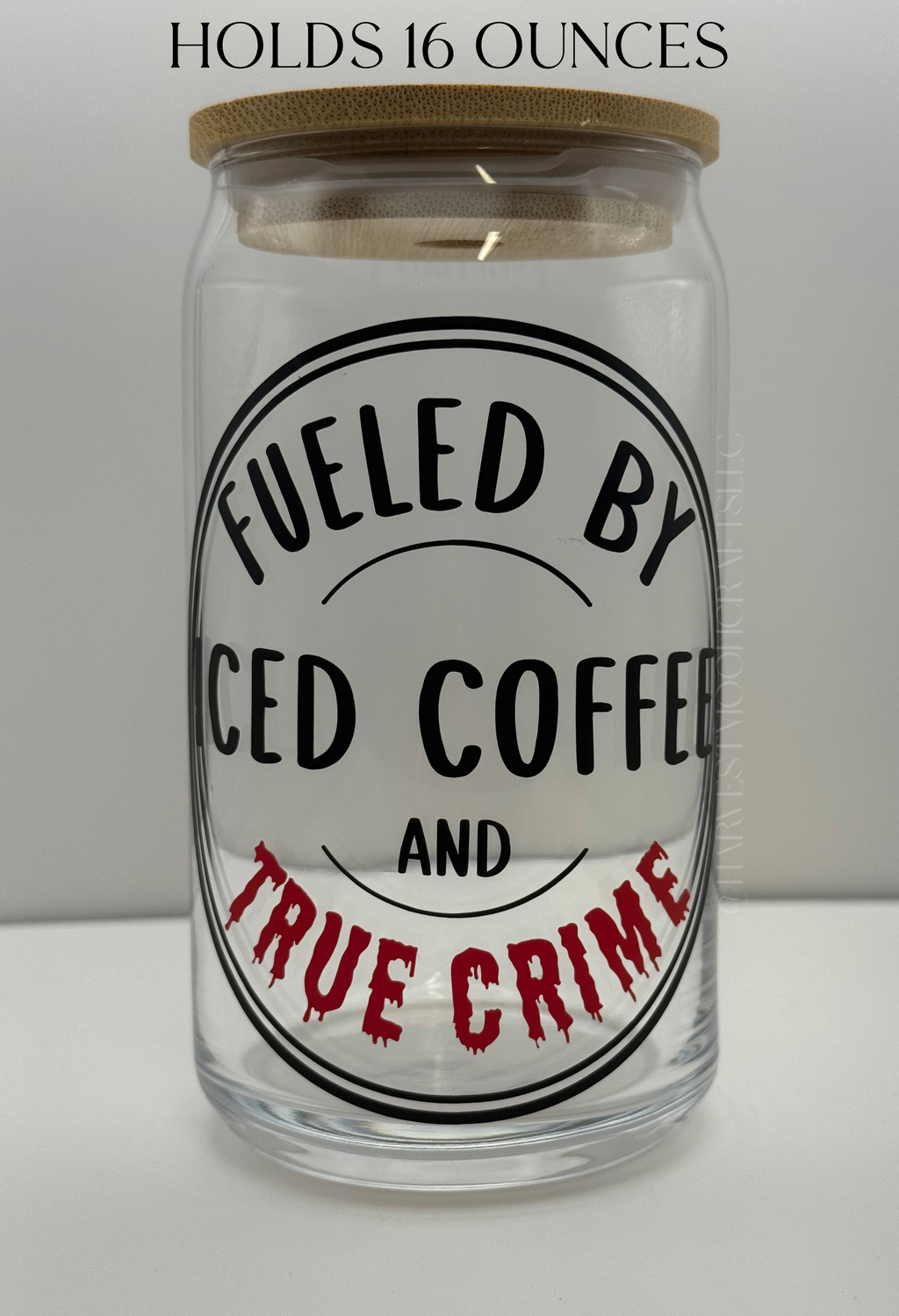 True Crime Iced Coffee Glass, Handmade 16oz Tumbler with Bamboo Lid
