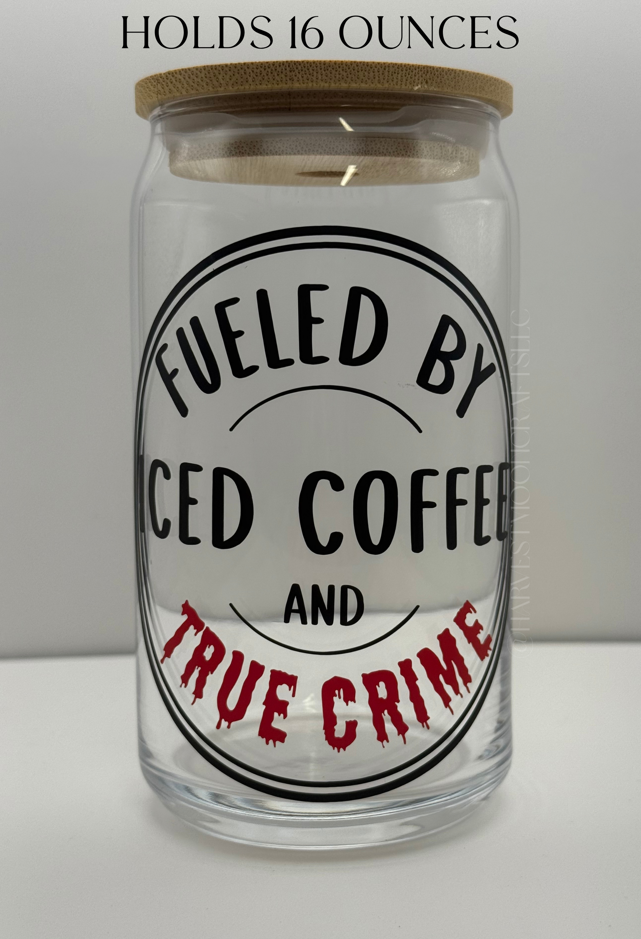 True Crime Iced Coffee Glass, Handmade 16oz Tumbler with Bamboo Lid