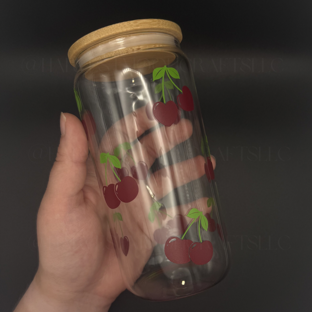 Heart Cherry Glass Can Iced Coffee Cup with Bamboo Lid 16oz