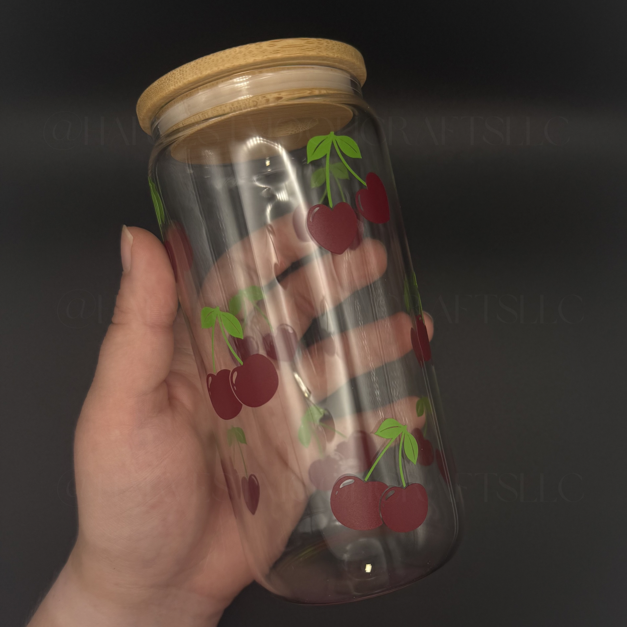 Heart Cherry Glass Can Iced Coffee Cup with Bamboo Lid 16oz