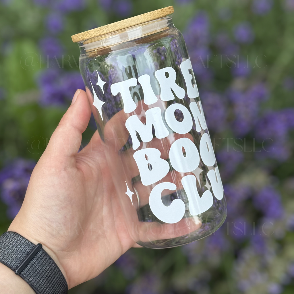 Tired Moms Book Club Glass Coffee Cup with Bamboo Lid & Straws