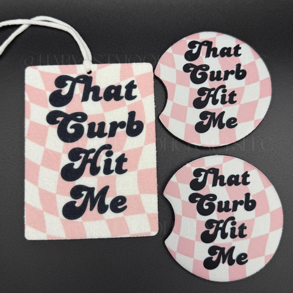 That Curb Hit Me Car Air Freshener and Coaster Set | Pink Checkered Car Accessories Bundle