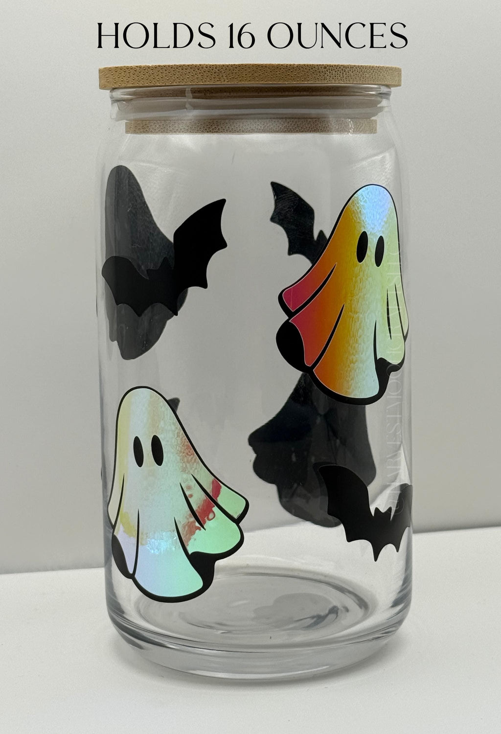 Holographic Ghost & Bats Coffee Cup 16 oz Halloween Glass