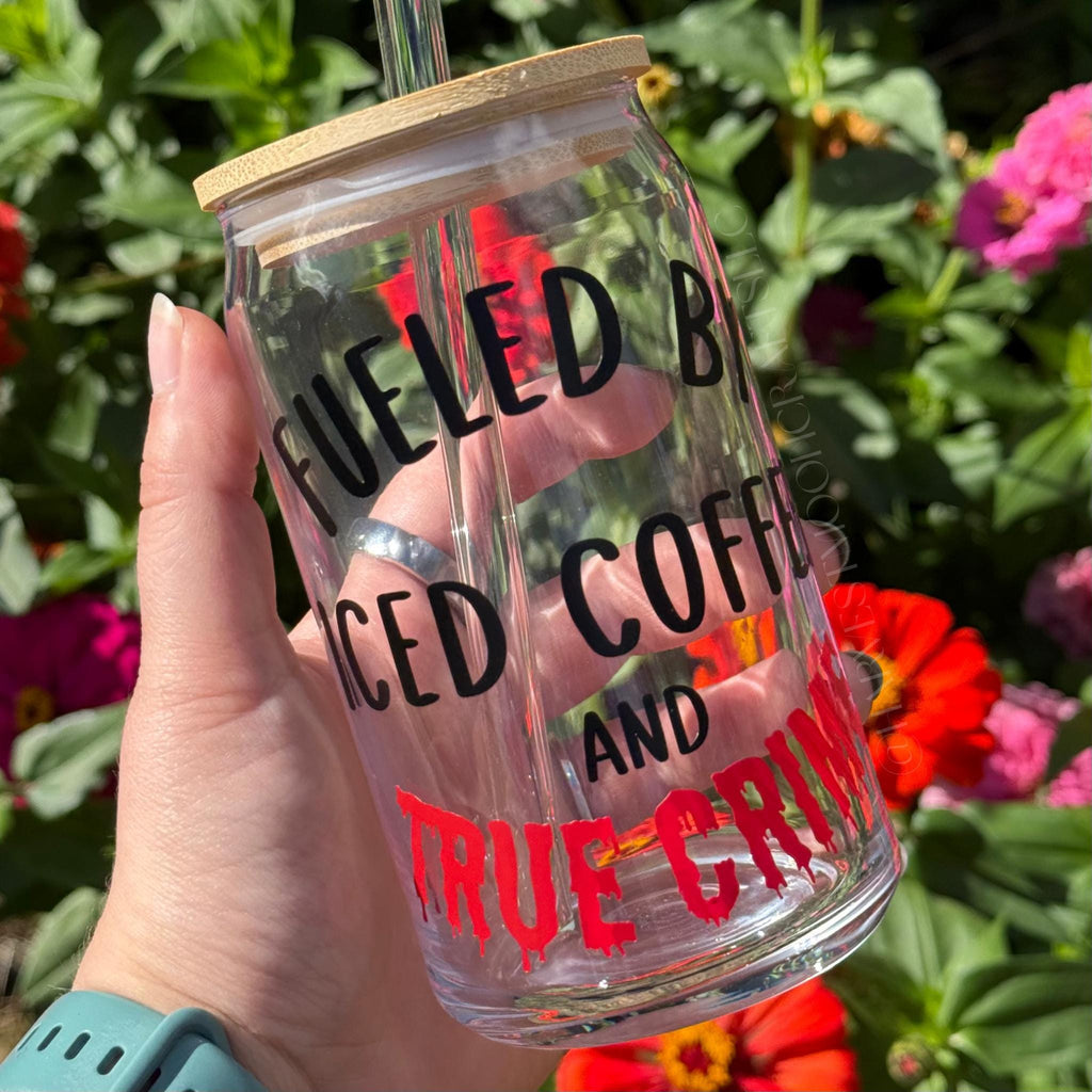 True Crime Iced Coffee Glass, Handmade 16oz Tumbler with Bamboo Lid