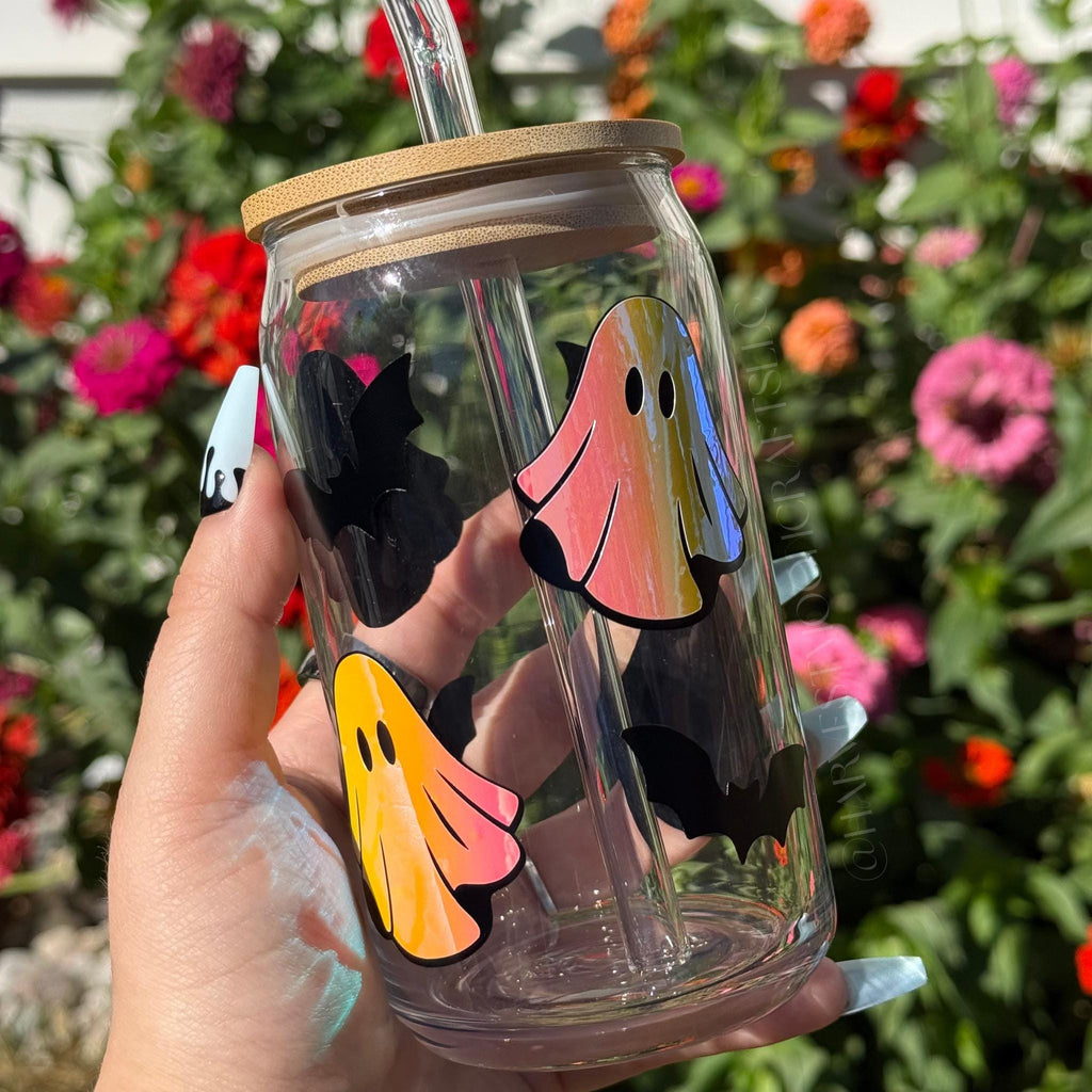 Holographic Ghost & Bats Coffee Cup 16 oz Halloween Glass
