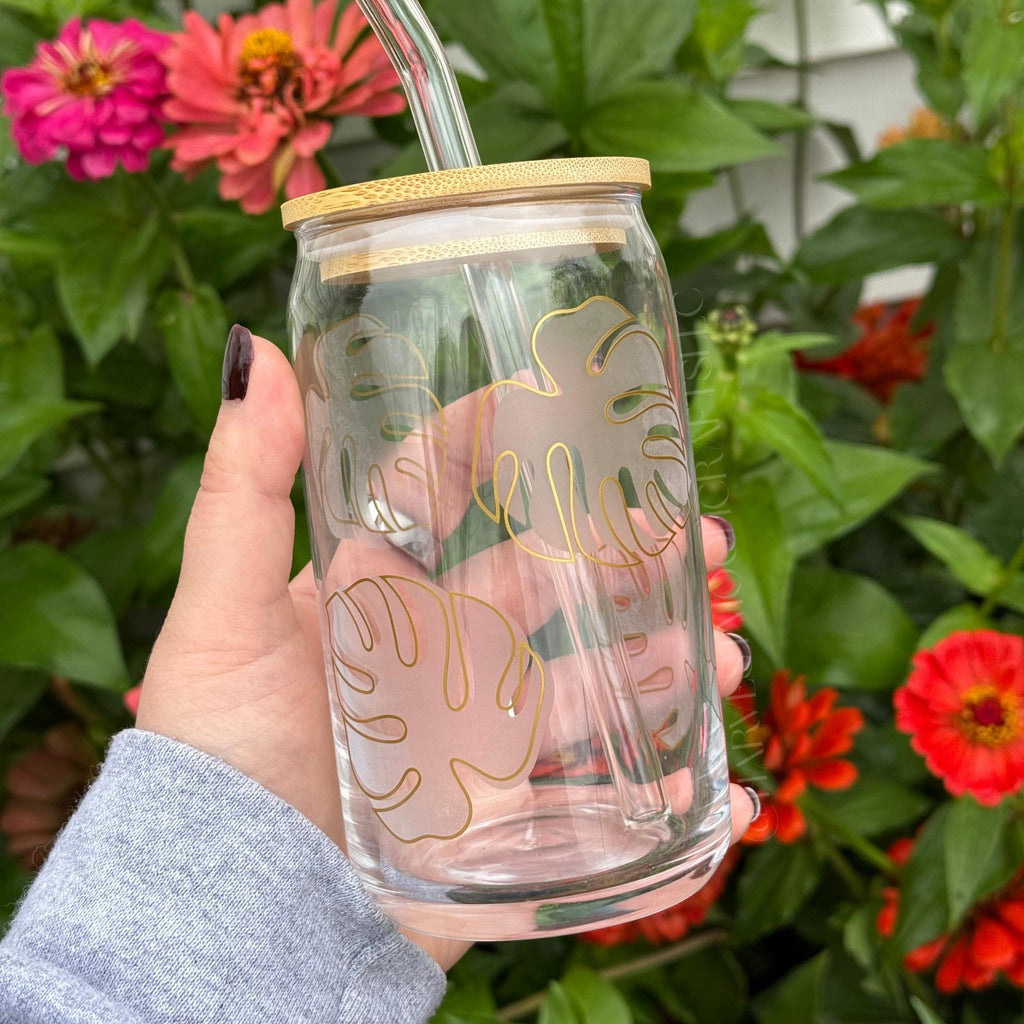 Monstera Plant Lover Etched Glass Can with Bamboo Lid & Straw