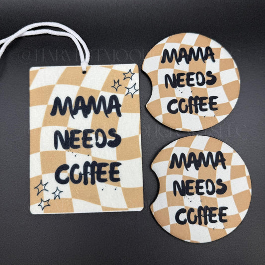 Mama Needs Coffee Car Accessory Set | Air Freshener Freshie and Car Coaster Bundle