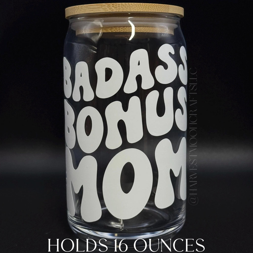 Badass Bonus Mom Glass Coffee Cup with Bamboo Lid & Straw
