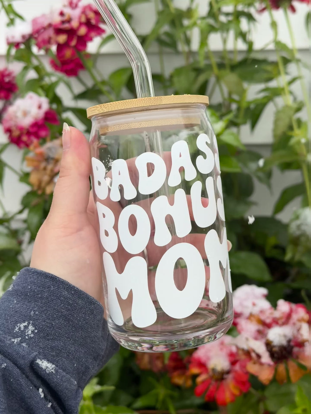 Badass Bonus Mom Glass Coffee Cup with Bamboo Lid & Straw
