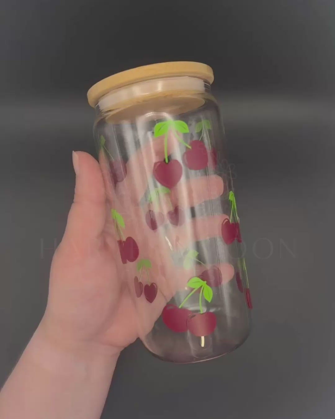 Heart Cherry Glass Can Iced Coffee Cup with Bamboo Lid 16oz